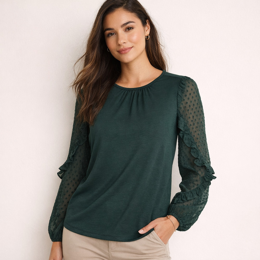 NEW NWT Women's Loft Green Blouse Swiss Dot Ruffle Sleeves | Size Small Petite